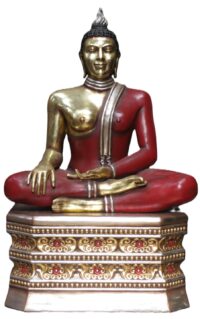 Boeddha, 90(h) groot (goud / rood gekleurd) op decoratieve sokkel 40(h)cm, totaal 130(h) cm