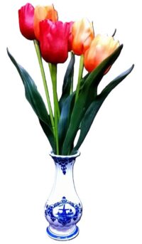 Delfts blauwe buikvaasjes 16,5(h)cm met kunst tulpen 40 cm