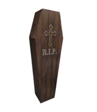 Halloween grafkist, hout met deksel 56 x 180 cm. Donkerbruin met tekst R.I.P