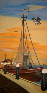 Achterdoekje kade met vissersboot 300(h)x150(b) cm