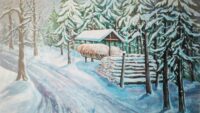 Winterlandschap met sparrenbos en ruif in de sneeuw (nr 4) 600(b)x350(h)cm