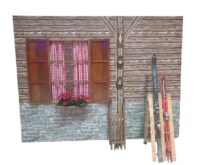 Blokhut decorwand met behangprint hout en stenen 200(b)x244(h)cm + schoor