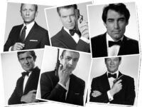 Portretten van de 6 James Bond acteurs op een witte schildersezel